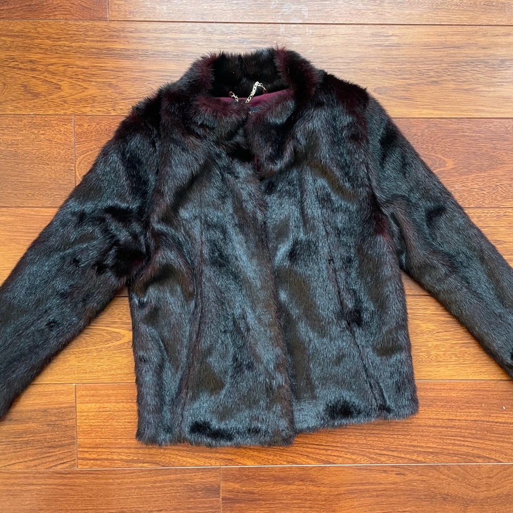 Beige & Coco Burgundy/Black Faux Fur Jacket